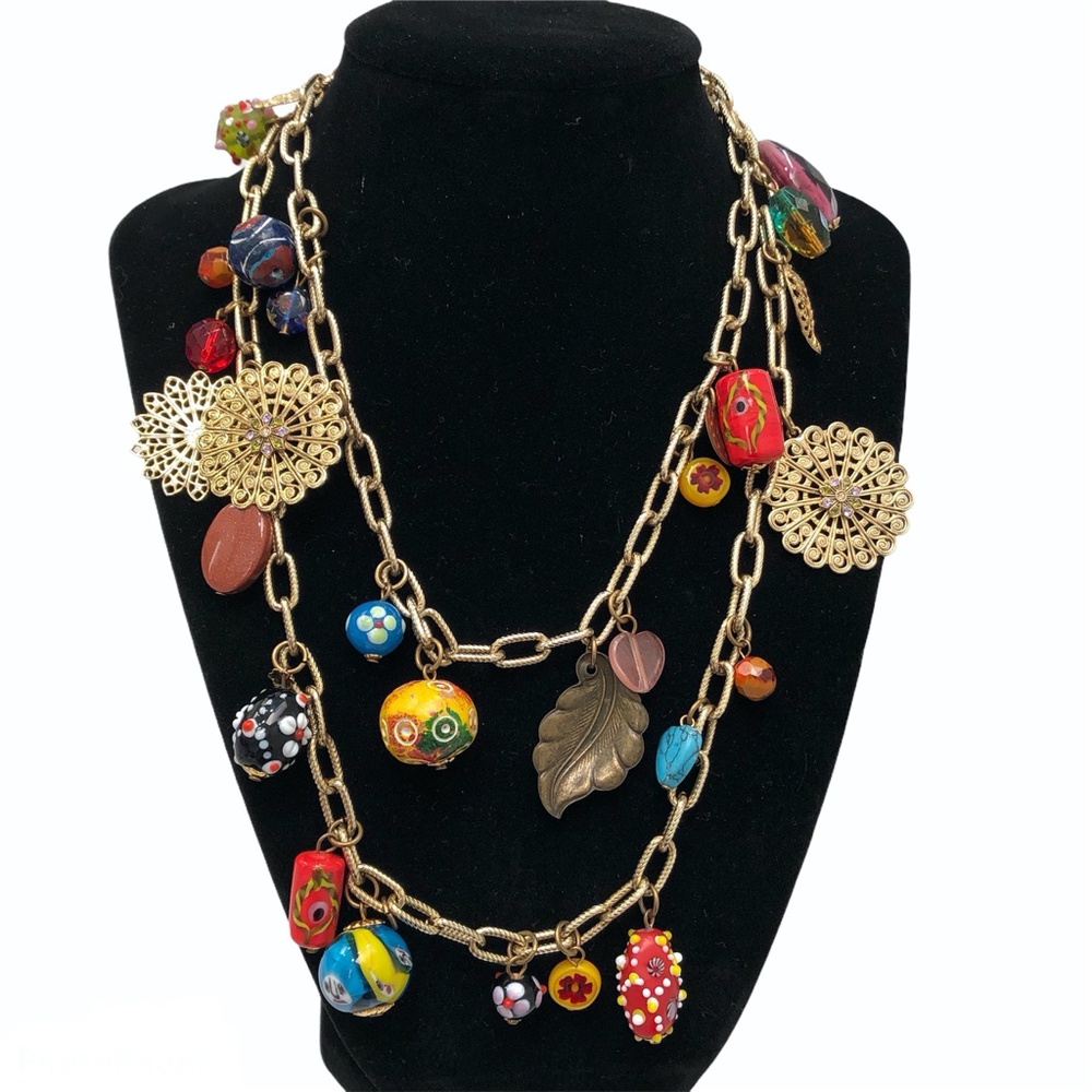 MILLEFIORI, MURANO GLASS & CHARMS GOLD LONG NECKLACE